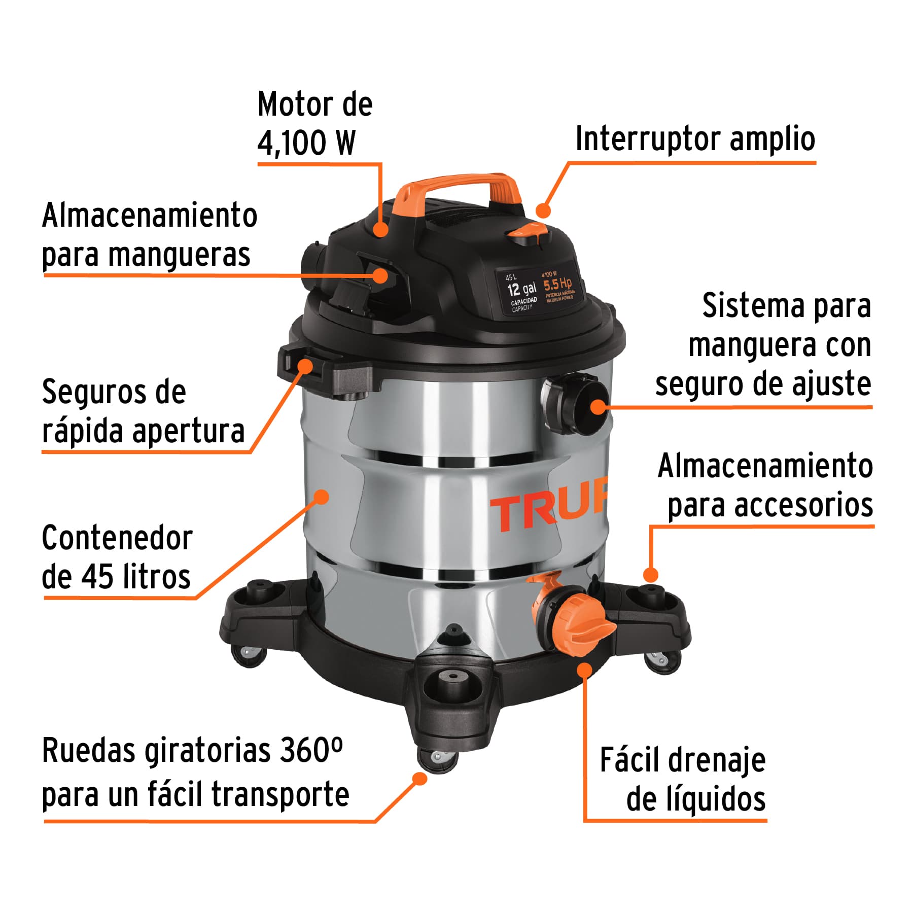 Aspiradora de sólidos y líquidos, 12 gal, acero inox, TRUPER - Image 2