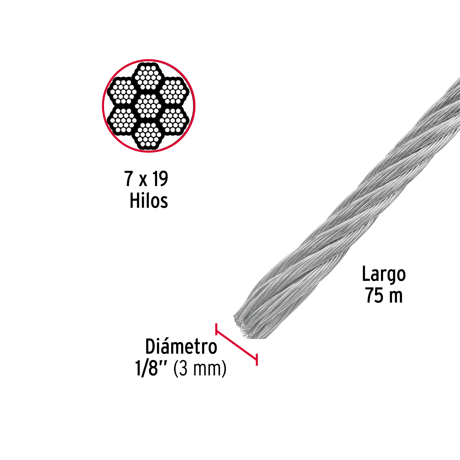 Metro de cable flexible 1/8" de acero 7x19 hilos, 75 m - Image 3