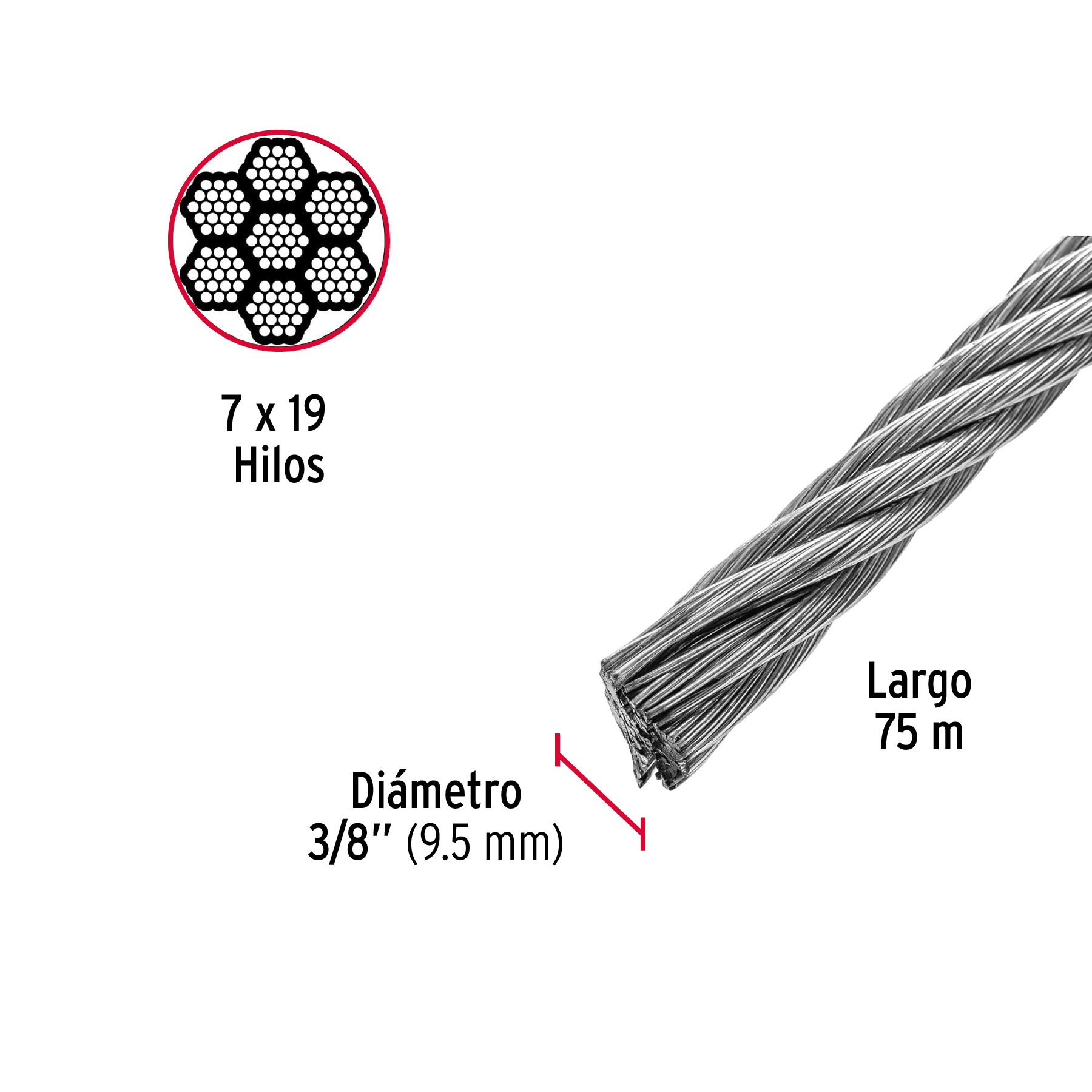 Cable flexible 3/8" de acero 7x19 hilos, 75 m - Image 3