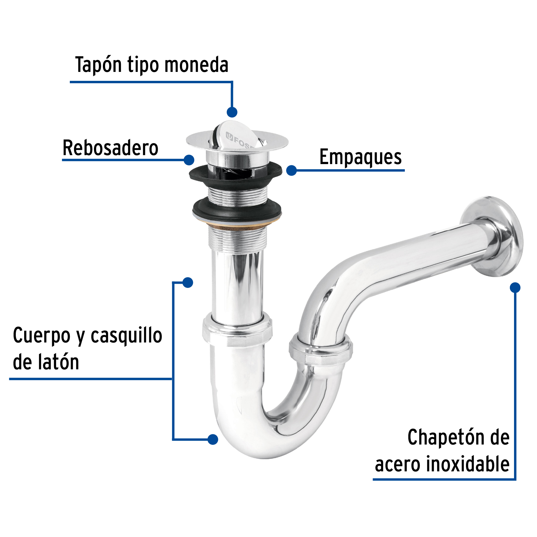 Céspol 1-1/4", contra tipo moneda, latón cromo, para lavabo - Image 2