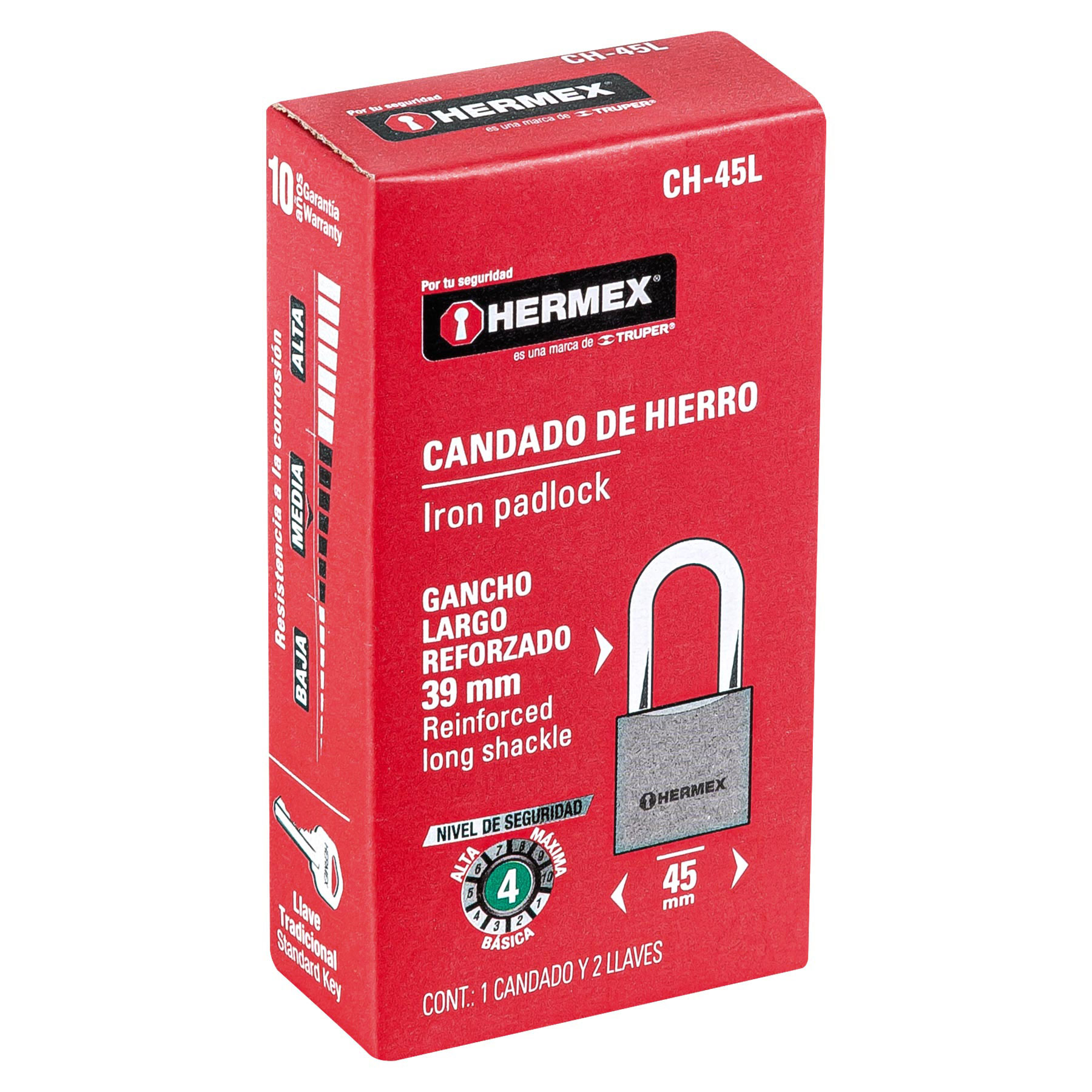 Candado de hierro 45 mm, gancho largo en caja, HERMEX - Image 6