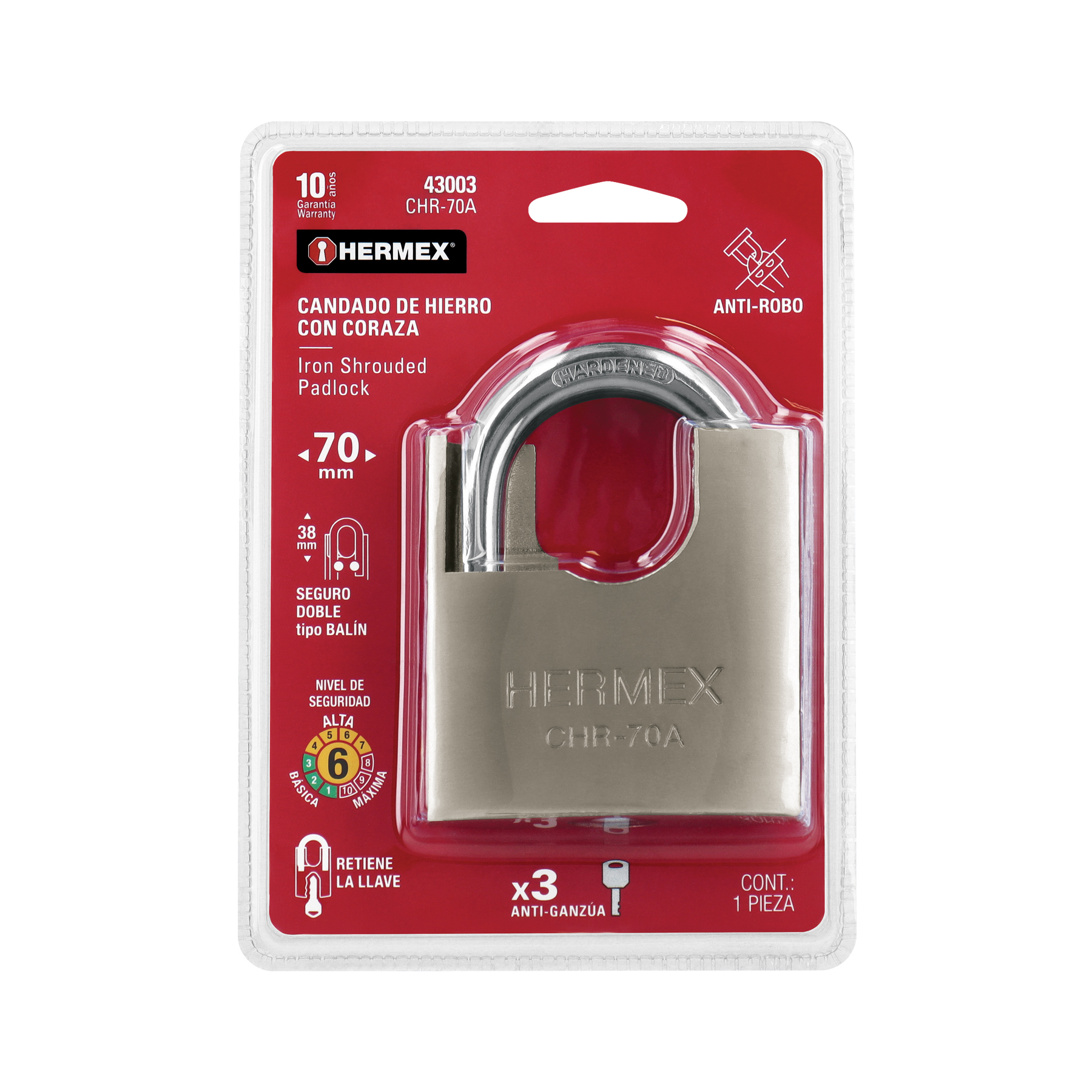 Candado de hierro 70 mm con coraza, llave de disco, HERMEX (3 piezas) - Image 6