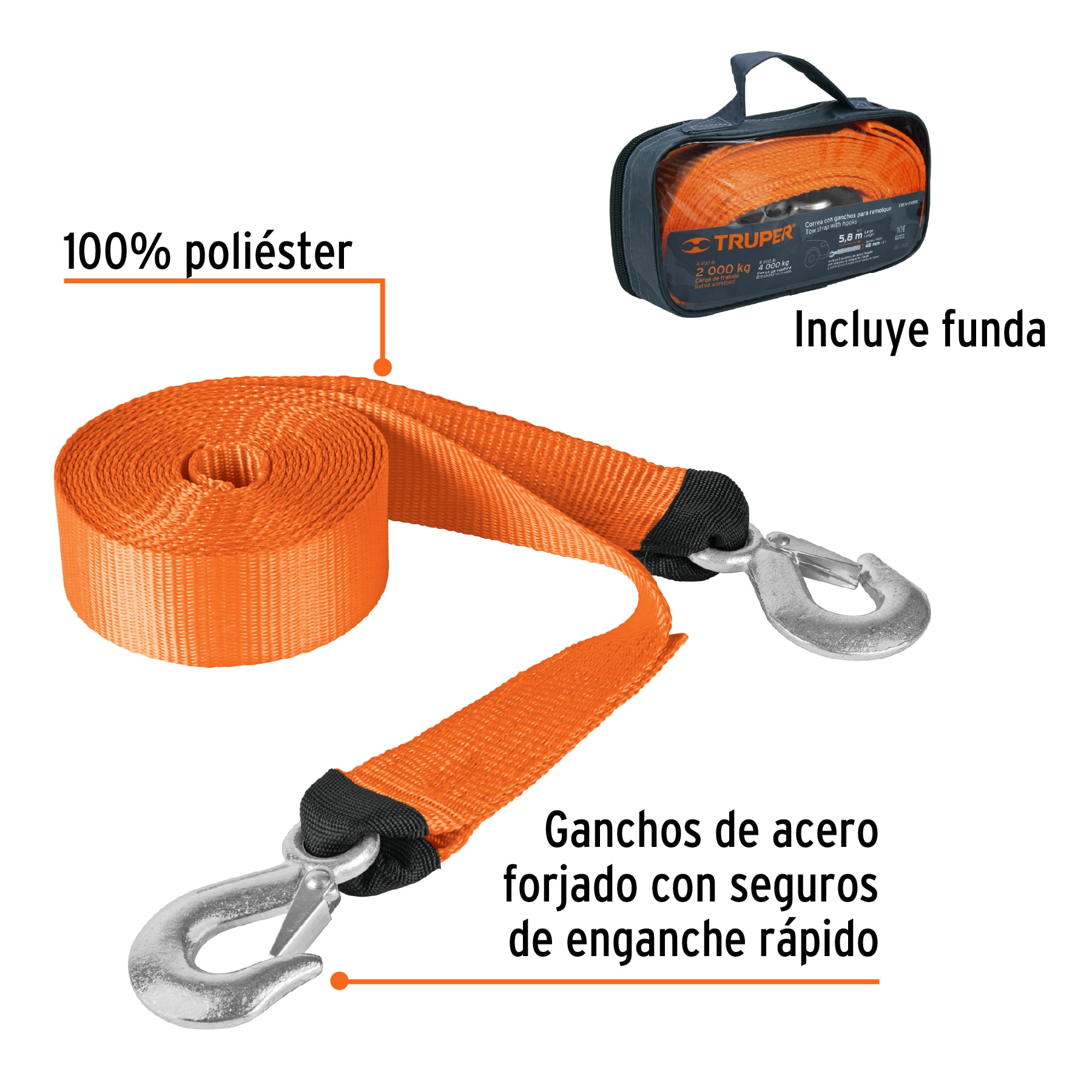 Correa con ganchos para remolque, 48 mm x 5.8 m, TRUPER - Image 2