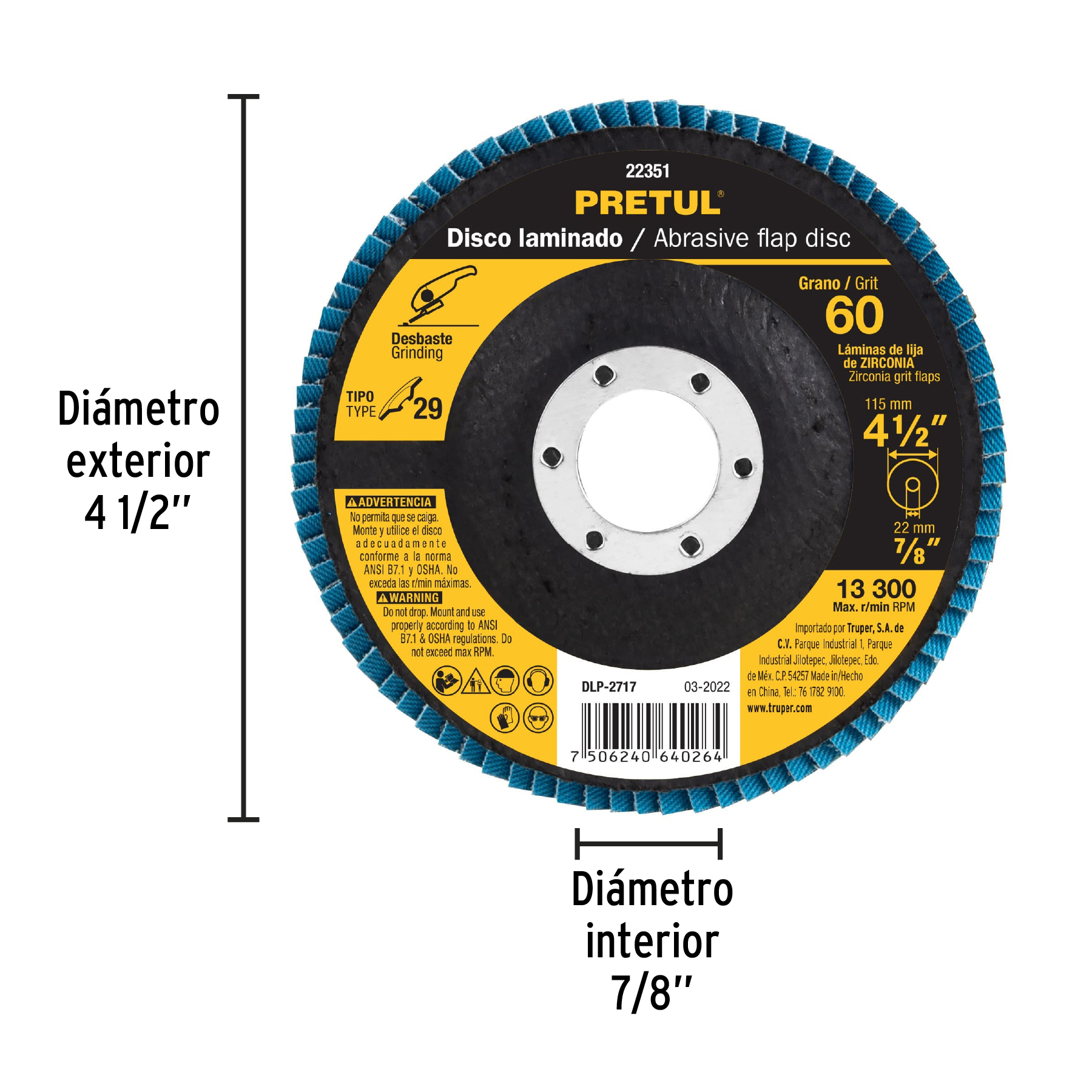 Disco laminado 4-1/2", grano 60 centro 7/8", fibra, PRETUL - Image 4