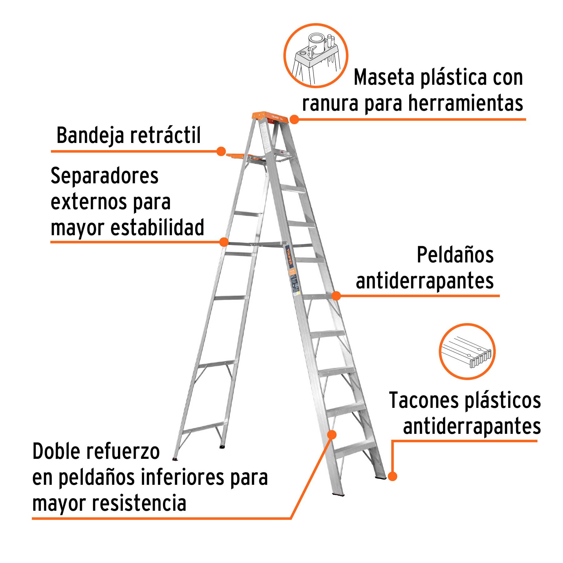 Escalera de tijera tipo II 9 peldaños y bandeja, TRUPER - Image 2