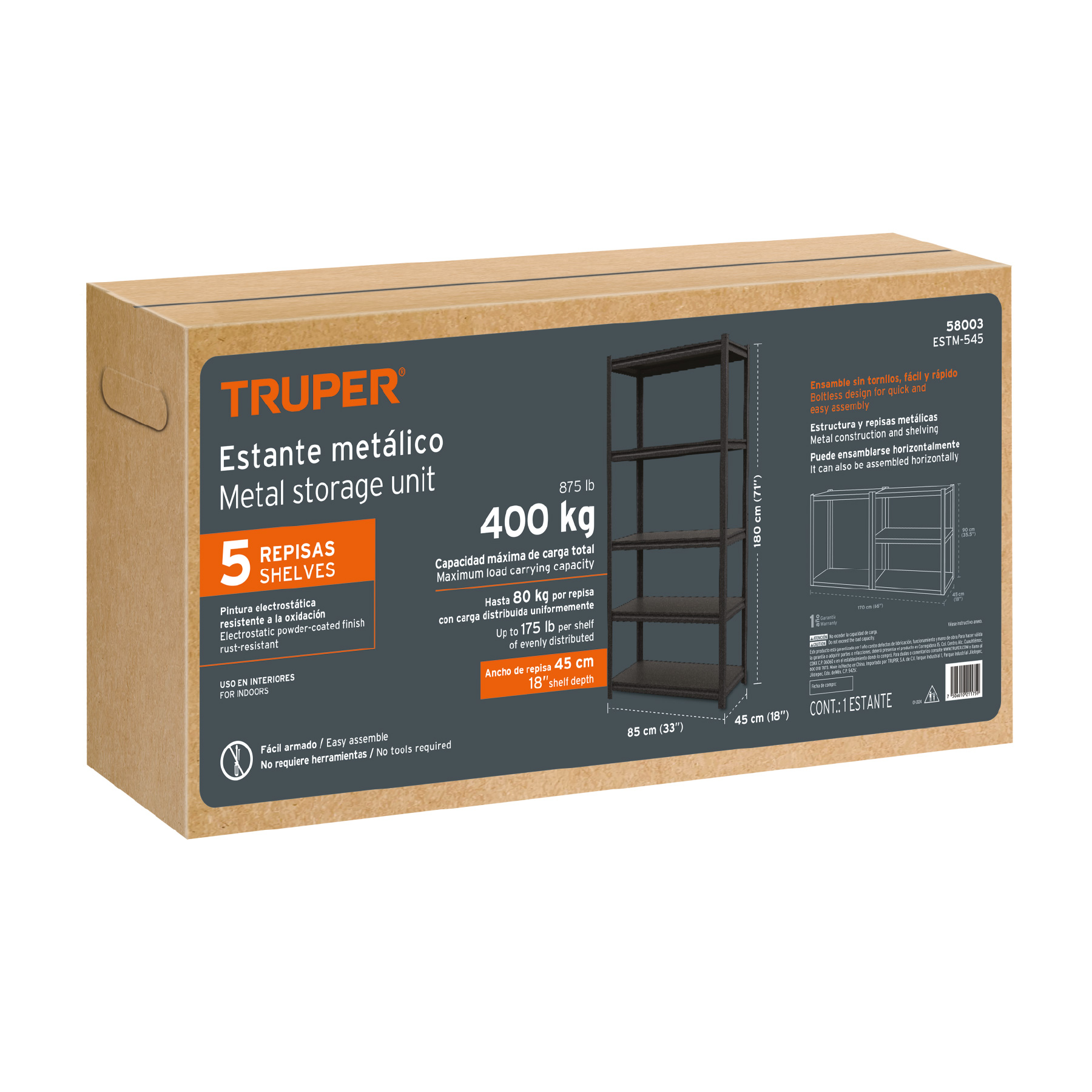 Estante metálico 5 repisas capacidad 80 Kg,180x45x85, TRUPER - Image 5