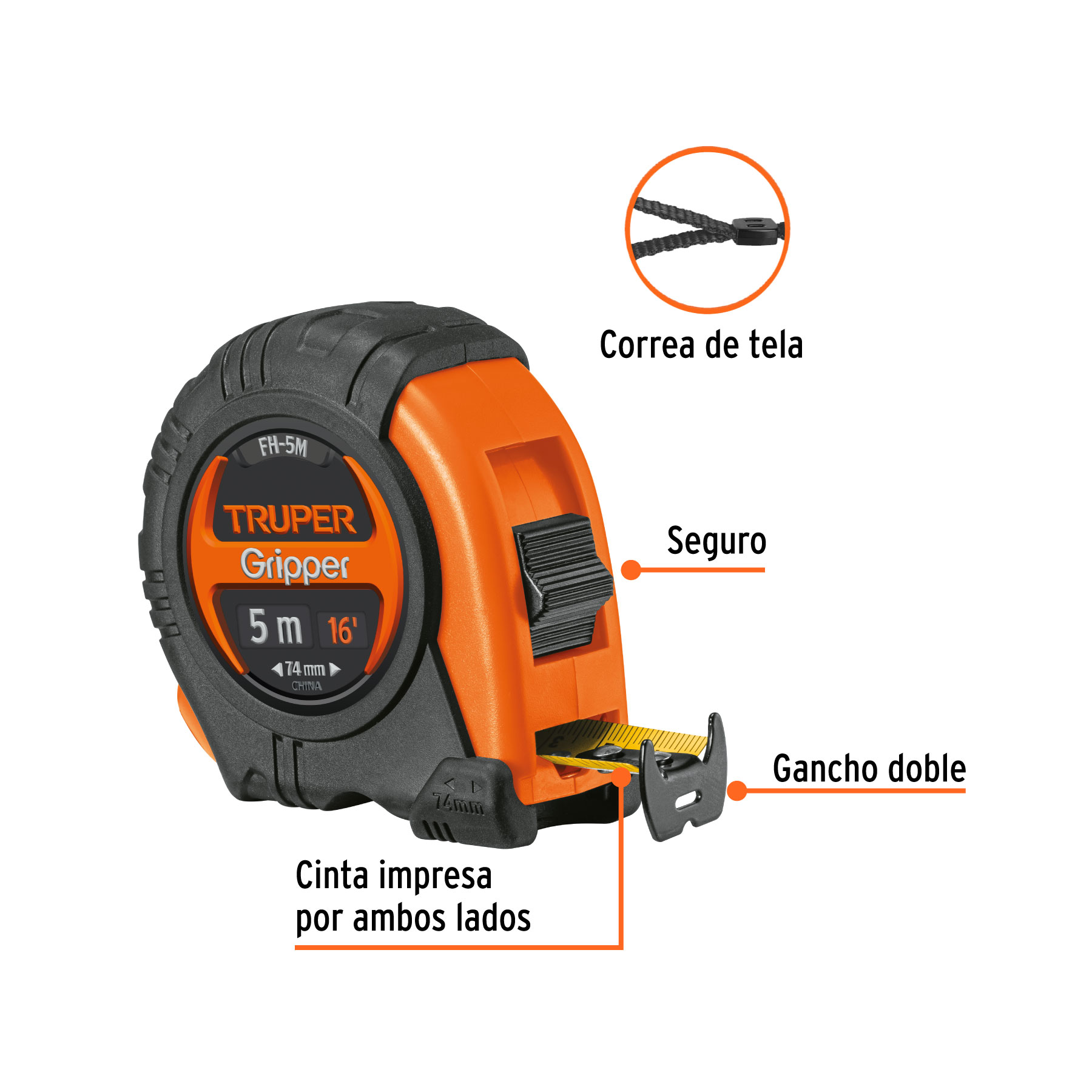 Flexómetro Gripper contra impactos 5 m cinta 19 mm, TRUPER - Image 2