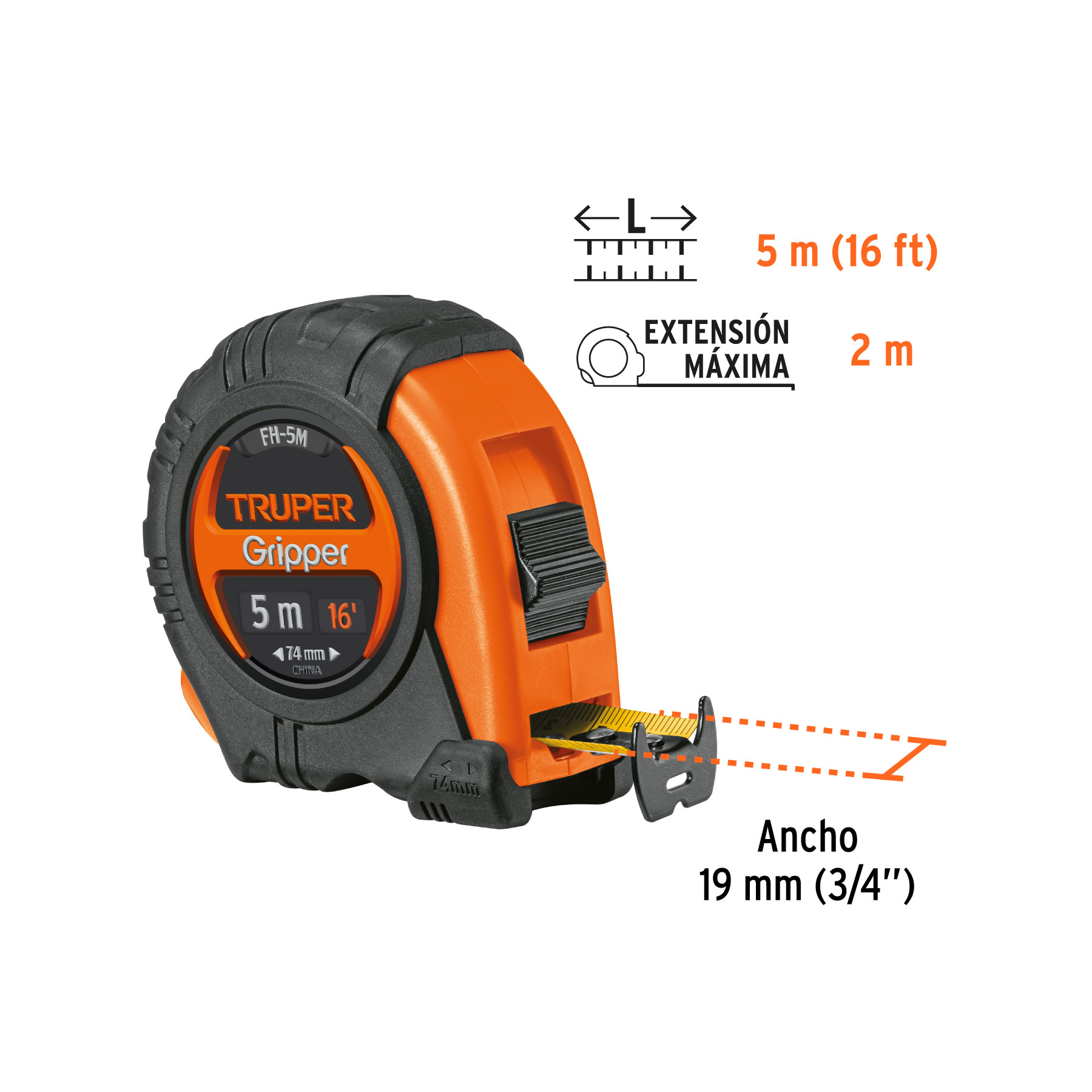 Flexómetro Gripper contra impactos 5 m cinta 19 mm, TRUPER - Image 3