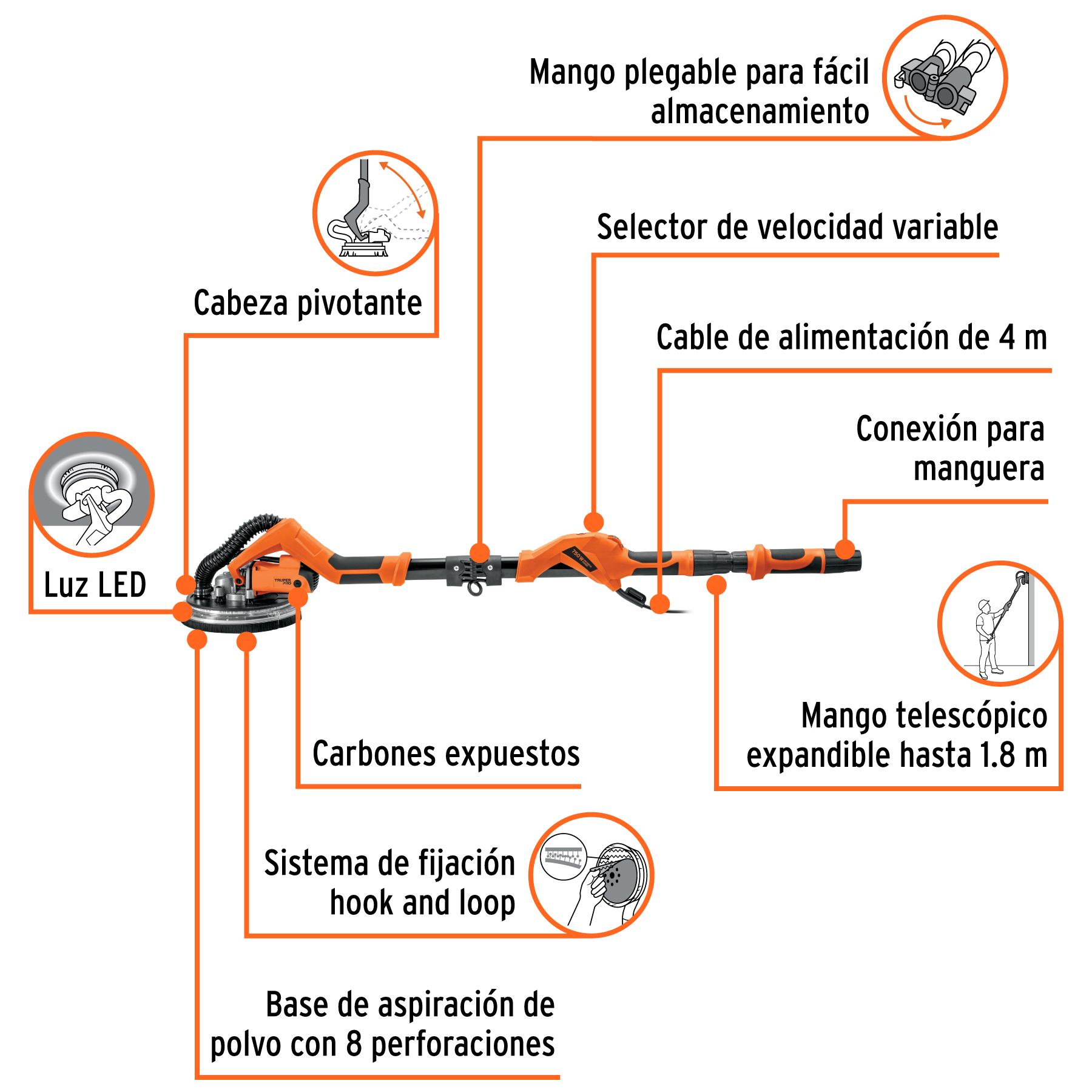 Lijadora de pared y techo 9" 750W, profesional, TRUPER PRO - Image 3