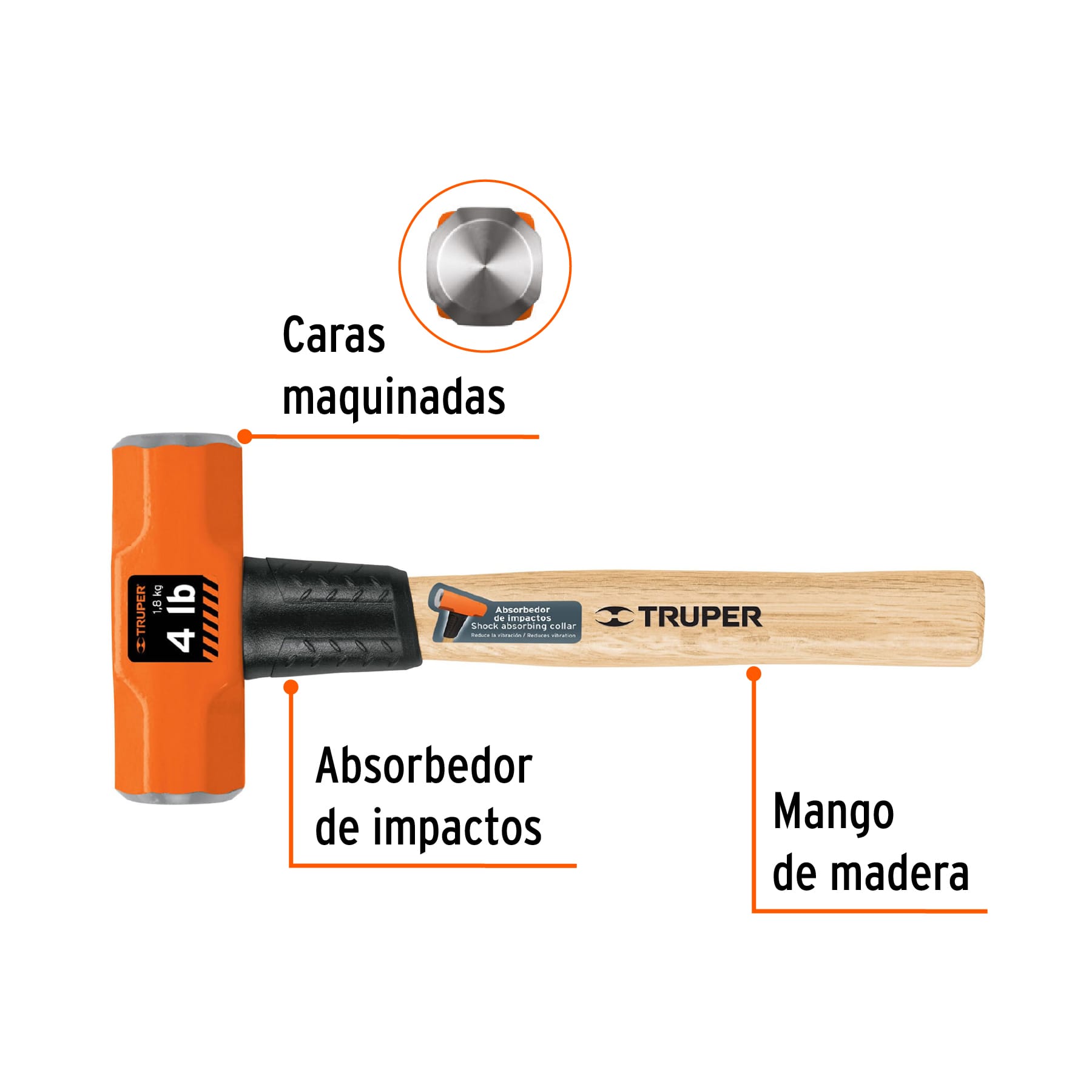 Marro octagonal 4 lb, mango de madera 12", TRUPER - Image 2