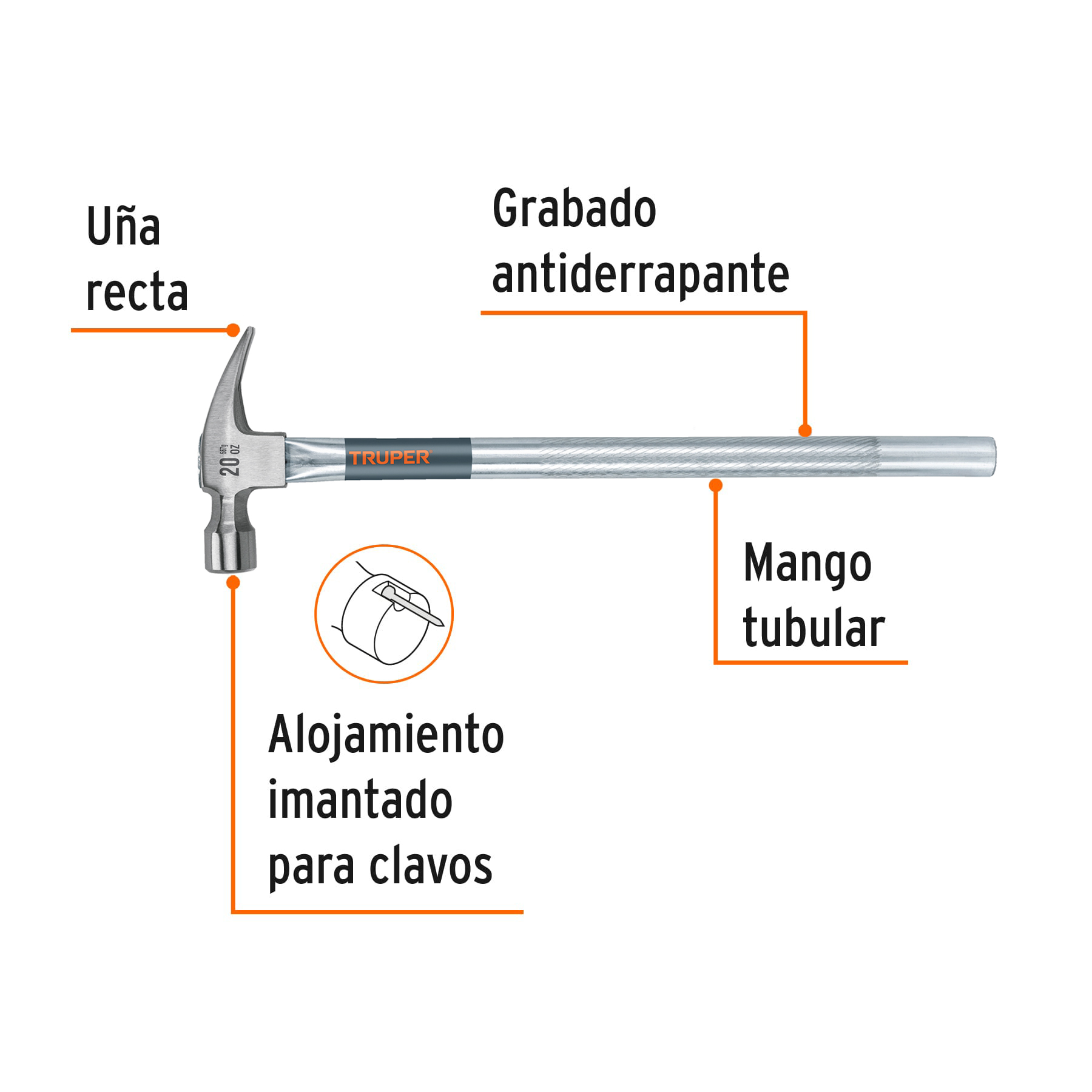 Martillo tubular pulido 20 oz alojamiento imantado uña recta - Image 2