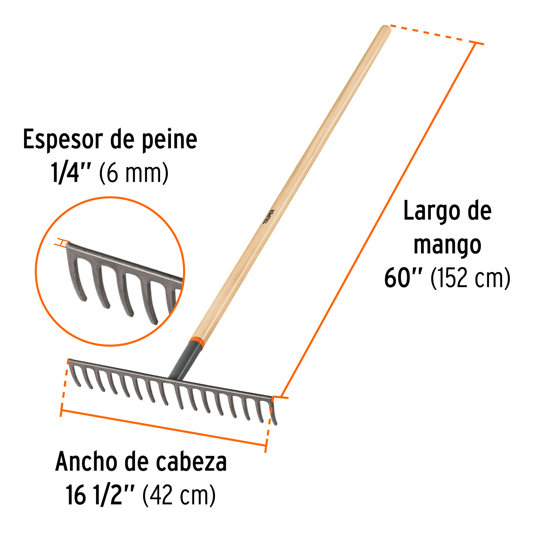 Rastrillo recto de 16 dientes, mango de 60", TRUPER - Image 3