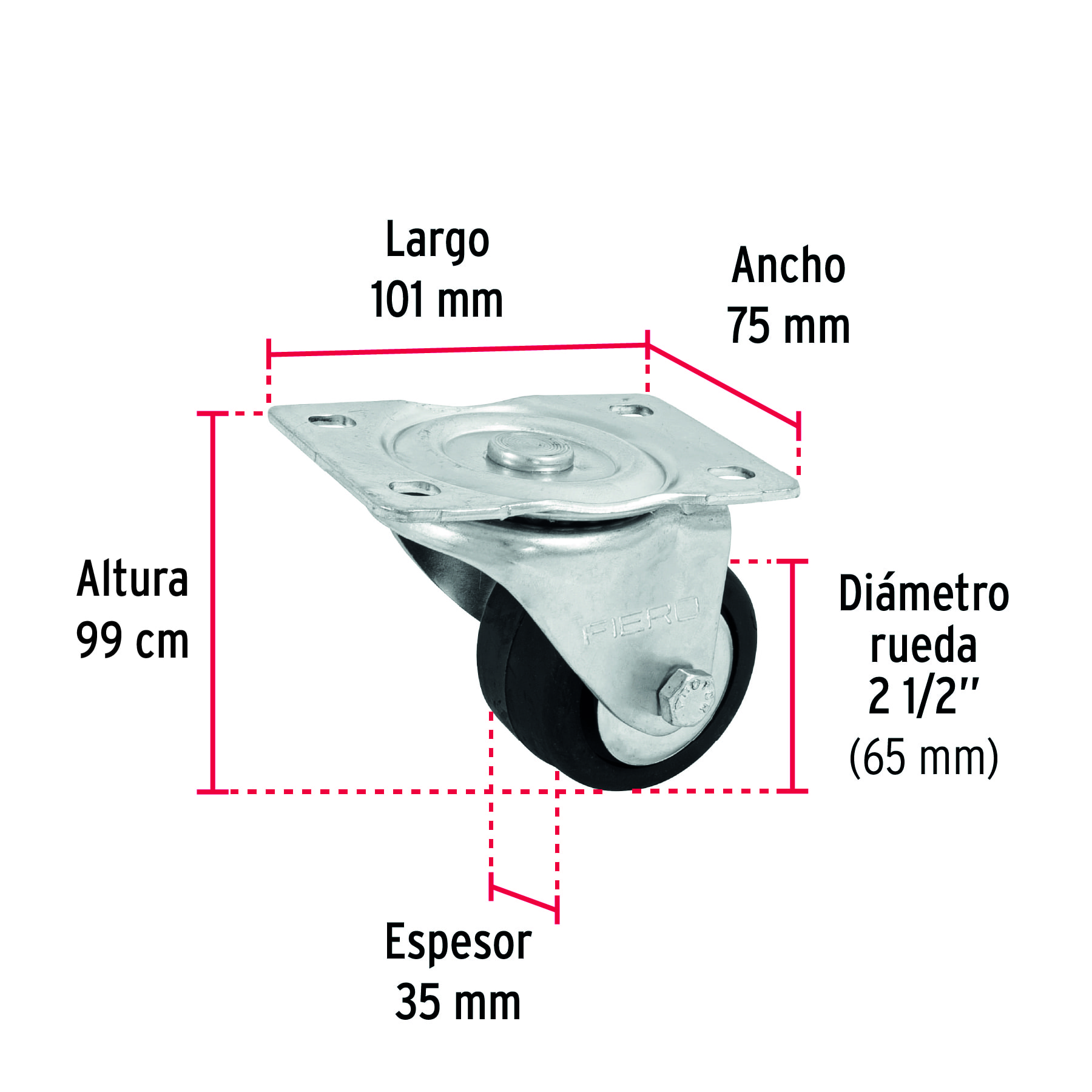 Rodaja hule 3", placa giratoria c/balero, carga 60kg, FIERO (4 piezas) - Image 3