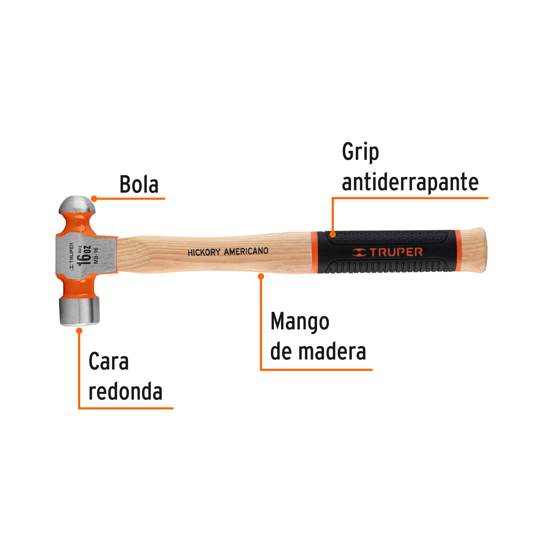 Martillo pulido de bola 16 oz mango hickory, TRUPER Grip - Image 2
